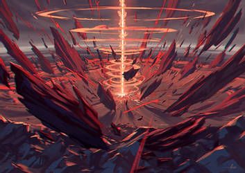 an abstract digital painting with red and orange lines on the ground, surrounded by rocks