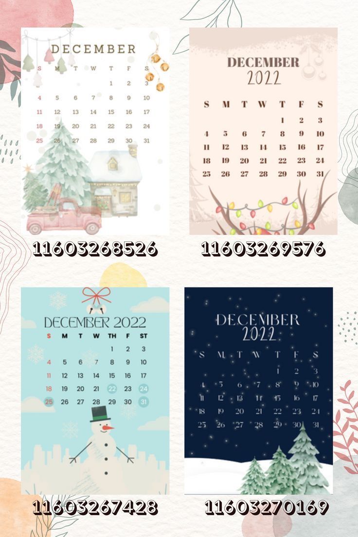 four calendars with different holidays and new year's eve dates on them, including december to december