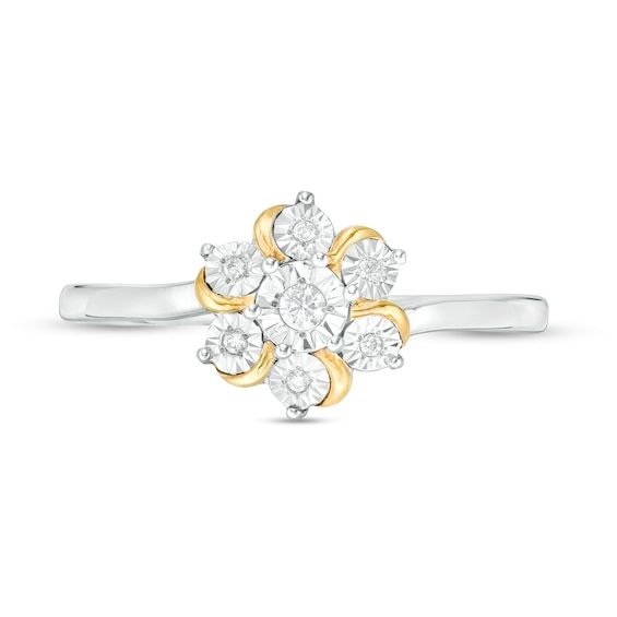 Eye-catching and unique, this diamond flower ring is certain to delight. Created in sterling silver and 14K gold plate, this style showcases a flower-shaped arrangement of diamonds - each artfully set to enhance size and sparkle. Curved gold-plated ribbons lend charming visual interest to the look. Captivating with 1/20 ct. t.w. of diamonds and a brilliant buffed luster, this design is a sweet anytime treat. Custom-made to fit her ring size. Sterling silver rings cannot be resized after purchase. Fine Jewelry White Flower Ring With Single Cut Diamonds, Flower Ring With Diamond Accents For Anniversary, White Diamond Accented Flower Ring, White Flower Shaped Ring With Diamond Accents, White Flower Ring With Diamond Accents, White Flower-shaped Ring With Diamond Accents, Anniversary Fine Jewelry Diamond Ring Flower Shape, Anniversary Fine Jewelry Diamond Ring With Flower Shape, Anniversary Diamond Ring With Flower Shape