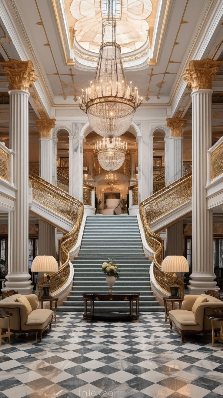 an elegant lobby with chandeliers and checkered flooring is pictured in this image