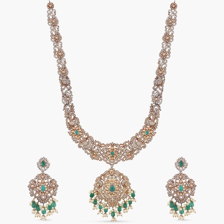 Doris Nakshatra CZ Long Necklace Set Jeweled Temple Necklace For Celebration And Festive Occasions, Festive Jeweled Temple Necklace For Celebrations, Temple Jewelry Necklaces For Eid, Kundan Necklaces With Intricate Design For Reception, Ornate Kundan Necklace For Reception, Kundan Necklaces With Intricate Designs For Festive Occasions, Bollywood Style Necklace With Intricate Design For Eid, Festive Kundan Emerald Necklace For Receptions, Heavy Necklace For Festive Reception