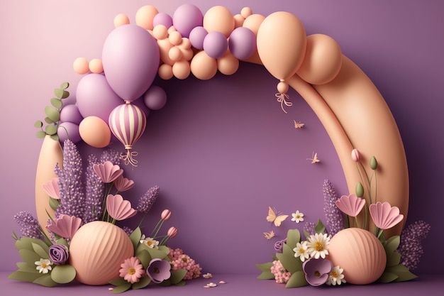 an arch made out of balloons and flowers on a purple background with butterflies flying around