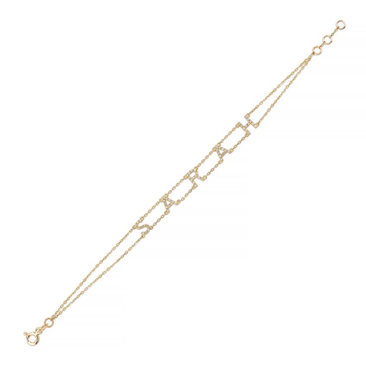 The RIAVA Double Chain Diamond Name Bracelet features up to 8 letters. Initials measure 5.5mm in height and feature a total carat weight of .03ct-.06ct depending on the letter. Bracelet measures an adjustable 6"-6.5"-7" in length. Style is custom made to order. Please allow 4-5 weeks for it to ship. Luxury Hallmarked Yellow Gold Diamond Bracelet, Yellow Gold Chain Bracelet With Diamond Accents For Anniversary, Gold Chain Bracelet With Single Cut Diamonds For Anniversary, Modern Yellow Gold Bracelet With Cubic Zirconia, Modern Yellow Gold Cubic Zirconia Bracelet, Yellow Gold Cubic Zirconia Diamond Bracelet With Rectangular Links, Modern Yellow Gold Diamond Bracelet With Accents, Anniversary Yellow Gold Plated Diamond Bracelet, Gold Tennis Bracelet With Rectangular Diamond Links