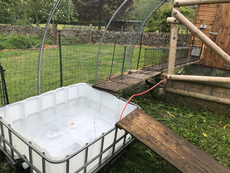 a white tub sitting in the grass next to a chicken coop and fenced area