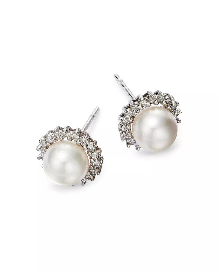 Bloomingdale's - Cultured Akoya Pearl Stud Earrings with Diamonds in 14K White Gold, 6.5mm - 100% Exclusive Elegant White Cluster Earrings With Halo Design, Elegant White Round Cluster Earrings, White Round Cluster Earrings For Formal Occasions, Formal White Halo Cluster Earrings, White Diamond Earrings With Halo Design For Evening, Elegant White Earrings With Halo Setting, Elegant White Halo Setting Earrings, White Formal Earrings With Halo Setting, Formal White Earrings With Halo Setting