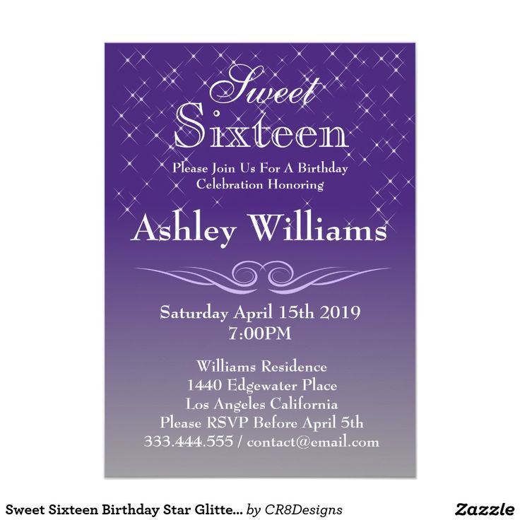 a purple and silver birthday party card with the words sweet sixteen on it's front