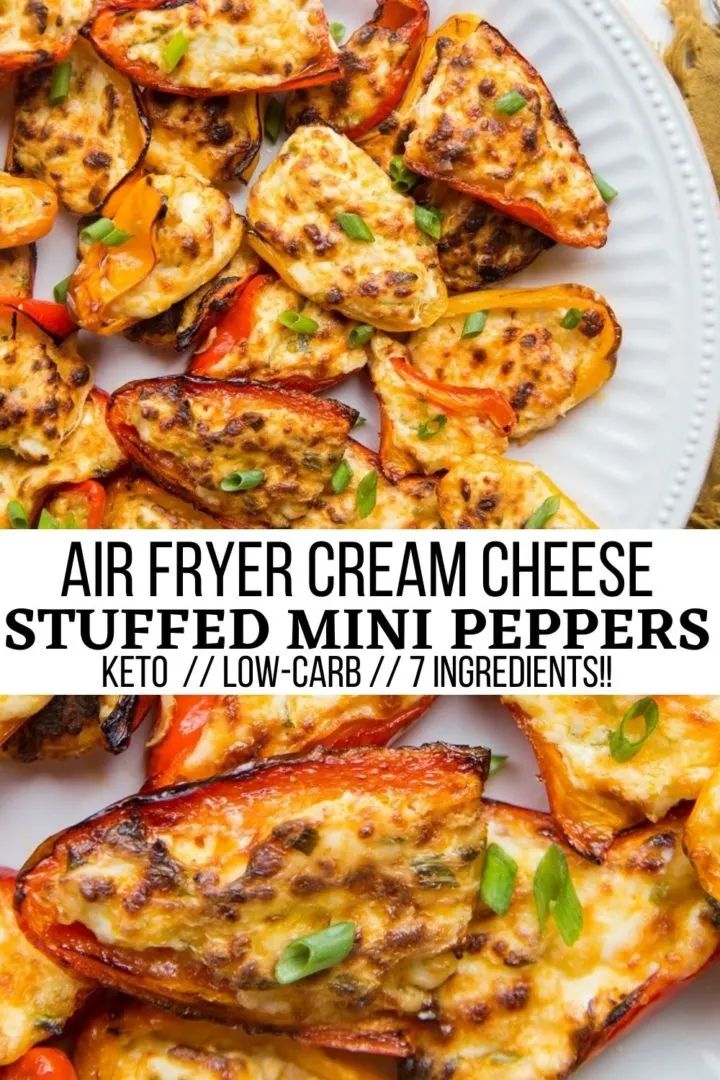 grilled cheese stuffed mini peppers on a white plate with text overlay that reads air fryer cream cheese stuffed mini peppers