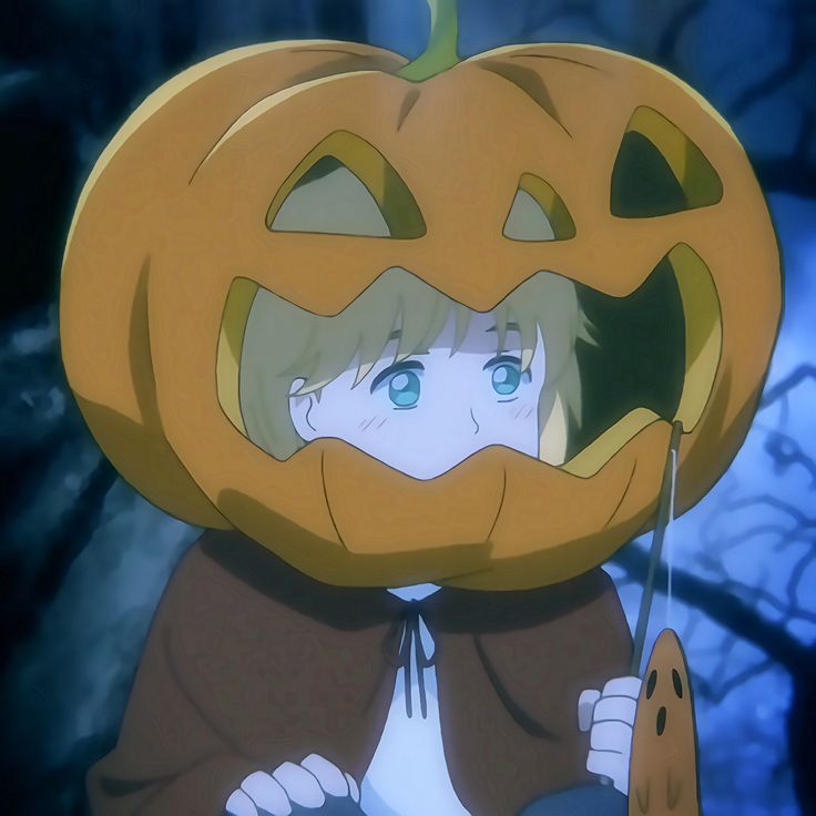 an anime character with a pumpkin on his head holding a knife in front of her face