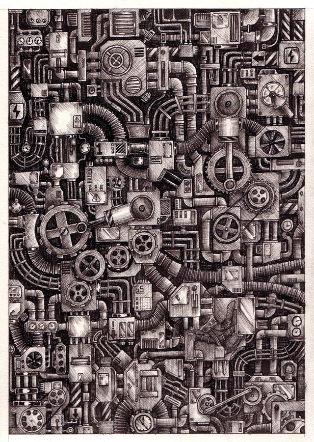 an abstract drawing with many different types of machinery and gears on it's surface