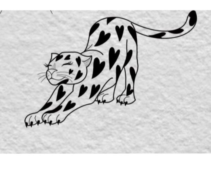 a black and white drawing of a leopard with hearts on it's back paws