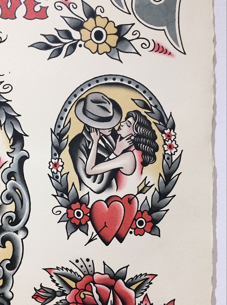 an old school tattoo flash sheet with hearts, flowers and other tattoos on white paper