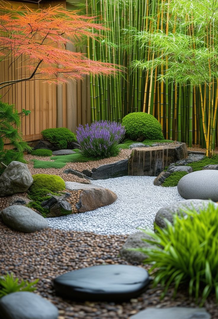 a japanese garden with rocks and bamboo trees