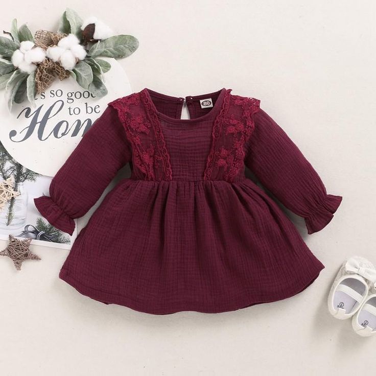 Baby Girl Maroon Dress, Cute Long Sleeve Spring Dress, Cute Long Sleeve Dresses For Spring, Cute Long Sleeve Dress-up Dresses, Cute Long Sleeve Dress For Dress-up, Long Sleeve Ruffled Dresses For Dress-up, Cute Long Sleeve Dresses With Ruffles, Cute Long Sleeve Dress With Ruffles, Non-stretch Cotton Dress For Fall