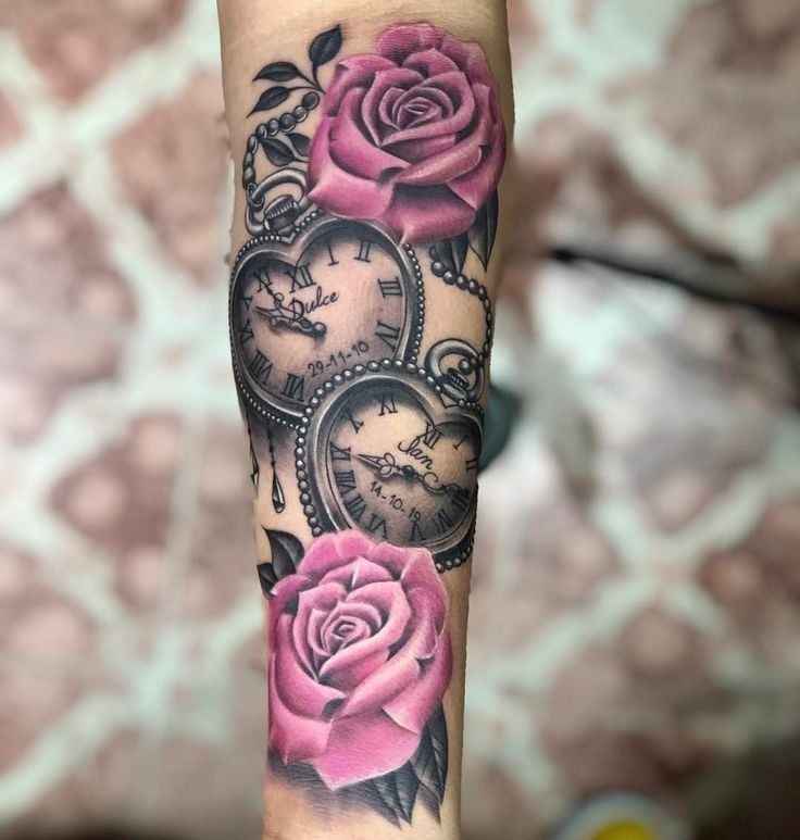 a rose and clock tattoo on the arm