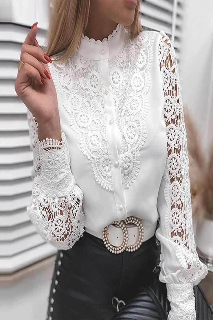 Our Genevieve blouse is the perfect marriage of Victorian lace and modern day fashion. Conservative, powerful and unique, you’ll want to wear this chic blouse with every work outfit! Measurement: inches Small Medium Large Bust 33-35 35-37 37-39 Waist 26/27 28/29 30/31 Hips 35/36 37/38 39/40 Top In Pizzo, Crochet Lace Blouse, Women Lace Blouse, Women Shirt Top, Vintage Blouse, Elegant Blouses, Lace Patchwork, Elegant Shirt, Trend Fashion