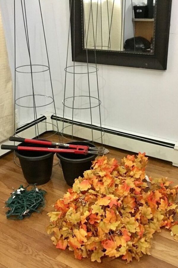 a pile of leaves sitting on top of a hard wood floor next to a mirror