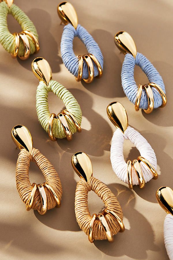 Plated brass, raffia Post styling Imported | Raffia-Wrapped Hoop Earrings by Anthropologie in Beige, Women's, Plated Brass Thread Wrapped Earrings, Luxury Polymer Clay Earrings, Bohemian Gold Hoop Earrings For Spring, Earrings 2024 Trends, Raffia Jewelry, Raffia Earrings, Trending Earrings, Clay Inspo, Earring Inspo