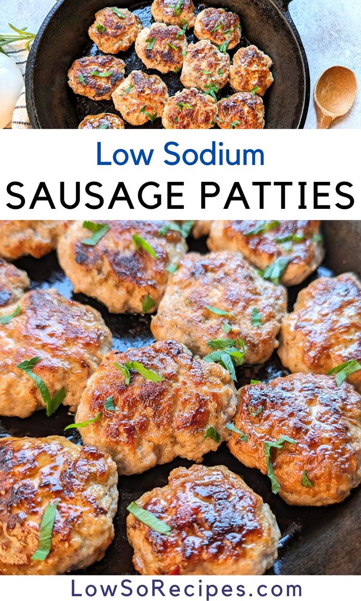 sausage patties in a cast iron skillet with text overlay that reads low soum sausage patties