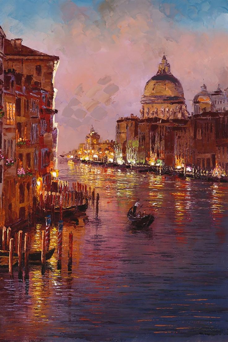 a painting of a canal at night with gondolas and buildings in the background