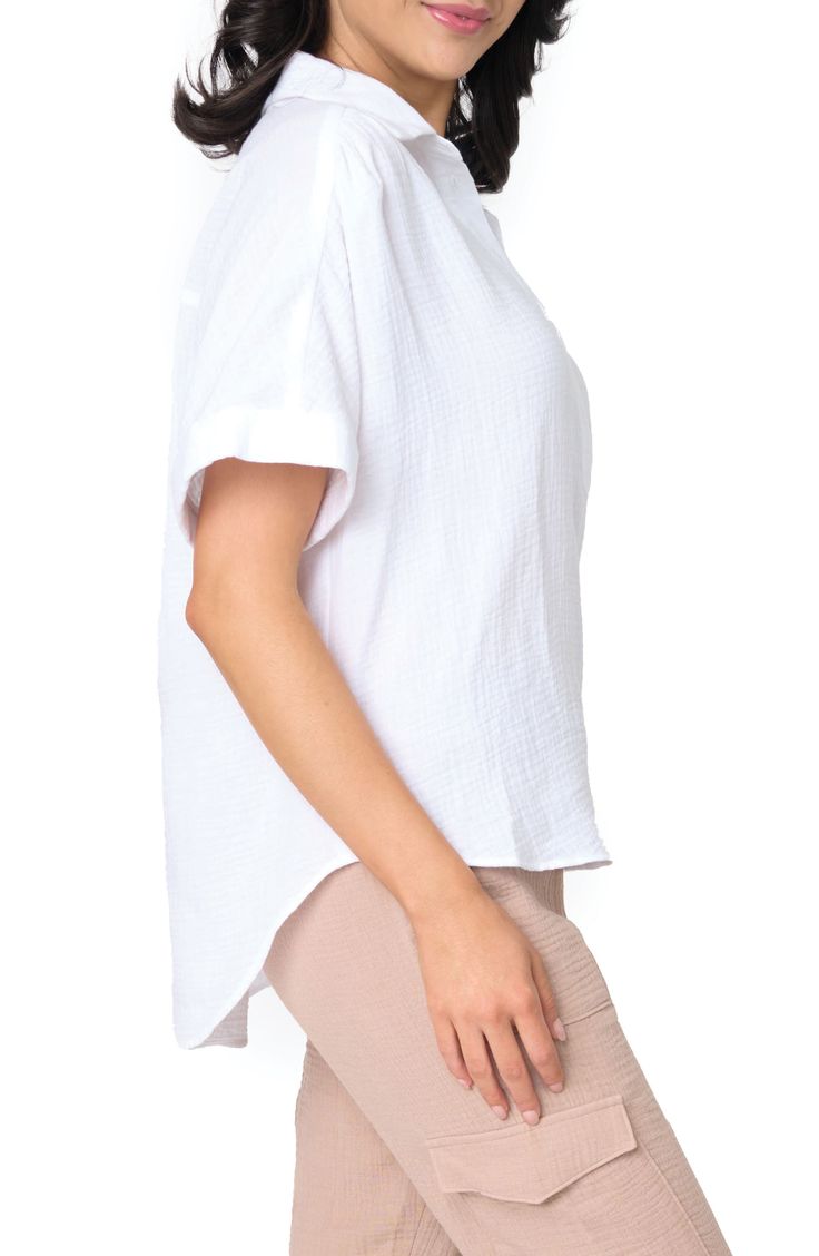 Just about as easygoing as it gets, this cuffed-sleeve popover shirt made from cotton gauze is a soft and breezy comfort in hot weather. 25 1/2" length Button half placket Spread collar Short sleeves Curved high-low hem 100% cotton Hand wash, dry flat Imported Popover Shirt, Summer Wardrobe Essentials, Sports Blazer, Made Clothing, Denim Leggings, Denim Jumpsuit, Comfortable Dress, Sweater Skirt, Cuff Sleeves