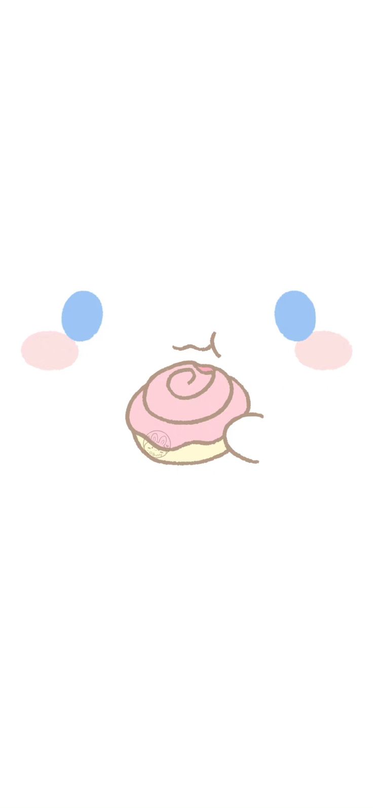 a pink donut sitting on top of a white table next to blue and pink circles