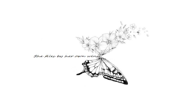 a black and white drawing of a butterfly with the words, she flies but her own wings