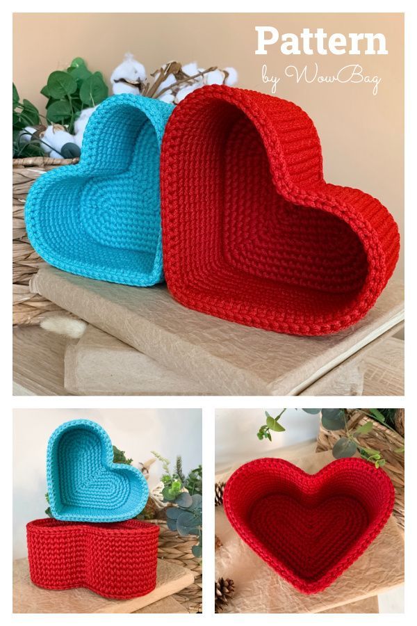 two crocheted heart baskets sitting on top of a table