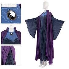 the costume is made up of blue and purple material