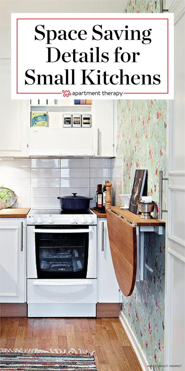 a small kitchen with white cabinets and wood flooring is featured in the magazine space saving details for small kitchens