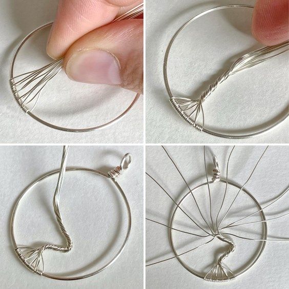 four pictures showing how to make wire wrapped hoop pendants with silver wires and sterling findings