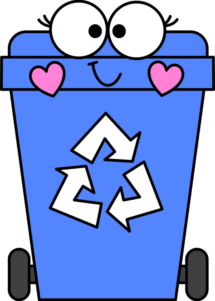 a cartoon blue trash can with hearts on its eyes and two recyclable arrows sticking out of it