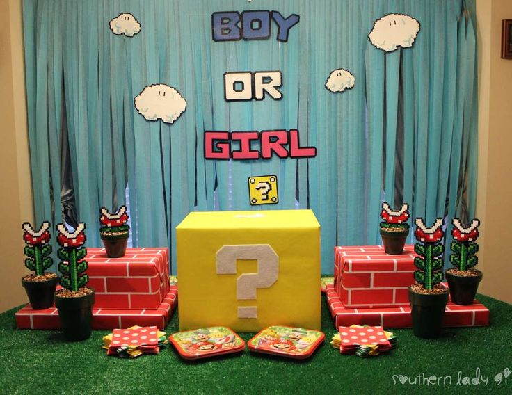 Super Mario Gender Reveal Party, Mario Gender Reveal Ideas, Super Mario Bros Gender Reveal, Nerd Gender Reveal, Mario Bros Gender Reveal, Mario Kart Gender Reveal, Mario Themed Gender Reveal, Video Game Baby Shower Theme, Super Mario Gender Reveal