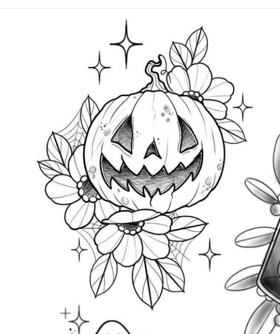 a drawing of a jack - o'- lantern with flowers around it