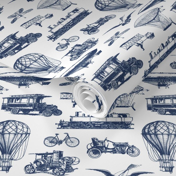 a blue and white wallpaper with many different types of vehicles on it, including hot air balloons