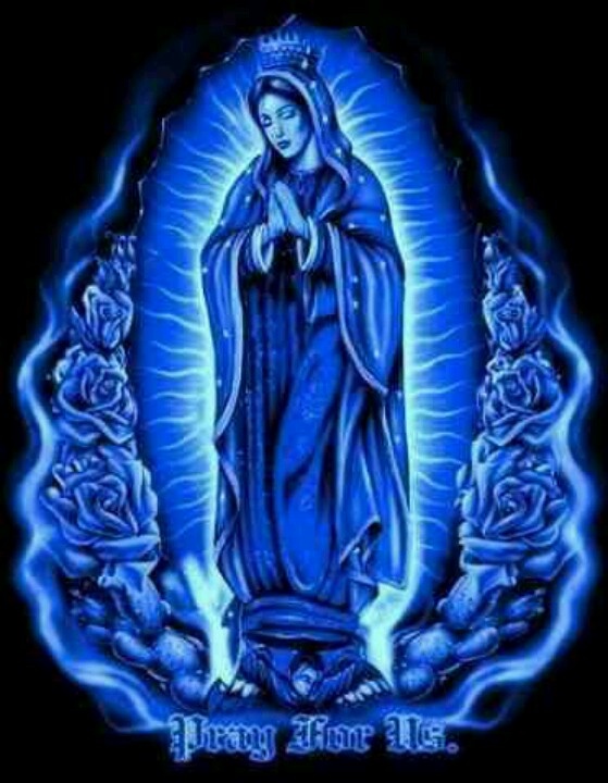 the image of our lady of guadalupe is illuminated in blue and has roses around it