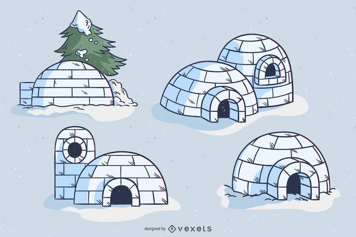 four iglooses with trees and snow on them