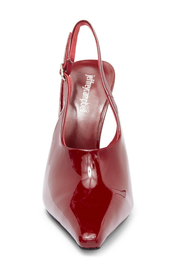 A slender square toe and flare heel balance a contemporary pump fitted with an adjustable slingback strap for a secure fit. 4" heel (size 8.5) Adjustable slingback strap with buckle closure Leather or synthetic upper/leather or leather and synthetic lining/synthetic sole Imported Red Fitted Slingback Pumps With Pointed Toe, Red Fitted Slingback Pumps With Heel Strap, Red Patent Leather Slingback Pumps With 4-inch Heel, Red Fitted Slingback Heels, Fitted Red Slingback Heels, Slingback Pump, Cherry Red, Jeffrey Campbell, Women's Pumps