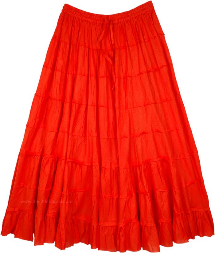 An airy, everyday wear, cotton full skirt in red divided into eight tiers with slight gathers on them.  The tiered layers have an unfinished hem and the skirt is fully lined with cotton fabric as well. #tlb #XLPlus #Misses #TieredSkirt #Dance #Redtieredlongskirt #cottonredlongskirt Orange Ruffled Tiered Skirt Bottoms, Orange Ruffled Tiered Skirt, Red Cotton Ruffled Skirt, Red Cotton Ruffle Skirt, Red Tiered Skirt For Summer, Red Tiered Ruffle Maxi Skirt, Red Ruffled Cotton Skirt, Red Tiered Gathered Maxi Skirt, Red Gathered Tiered Maxi Skirt