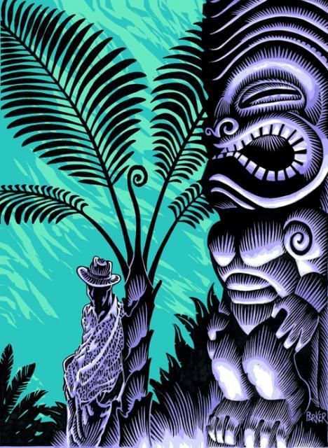 an image of a monster and a man in front of a tree with blue background