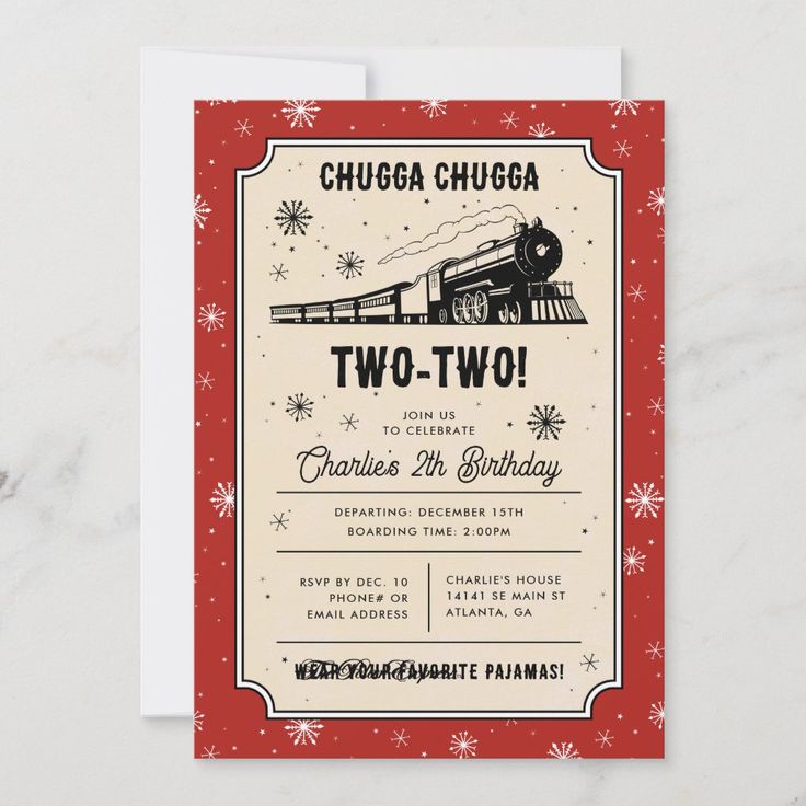 a red and white card with a train on it's side, says chugga chuga two - two