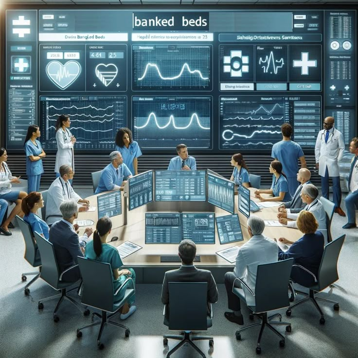 a group of people sitting around a table in front of medical monitors with graphs on them