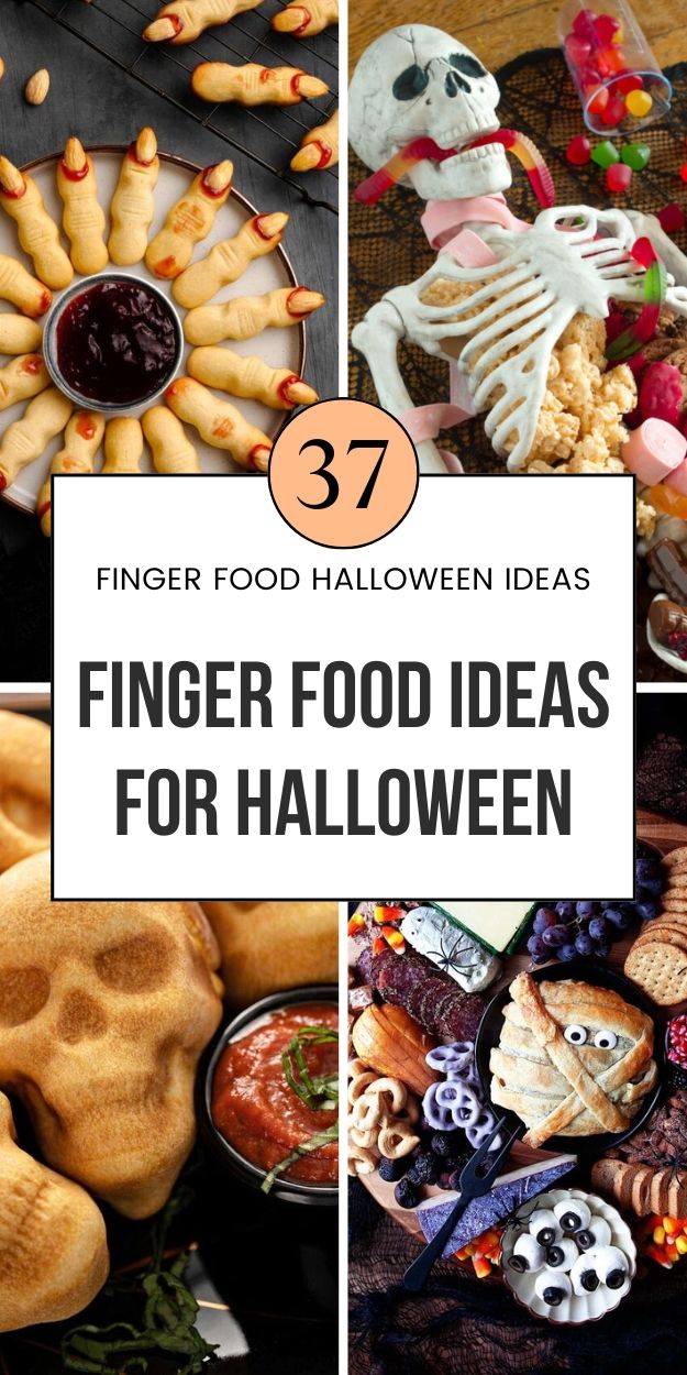 some food that is on top of a table with the words finger food ideas for halloween