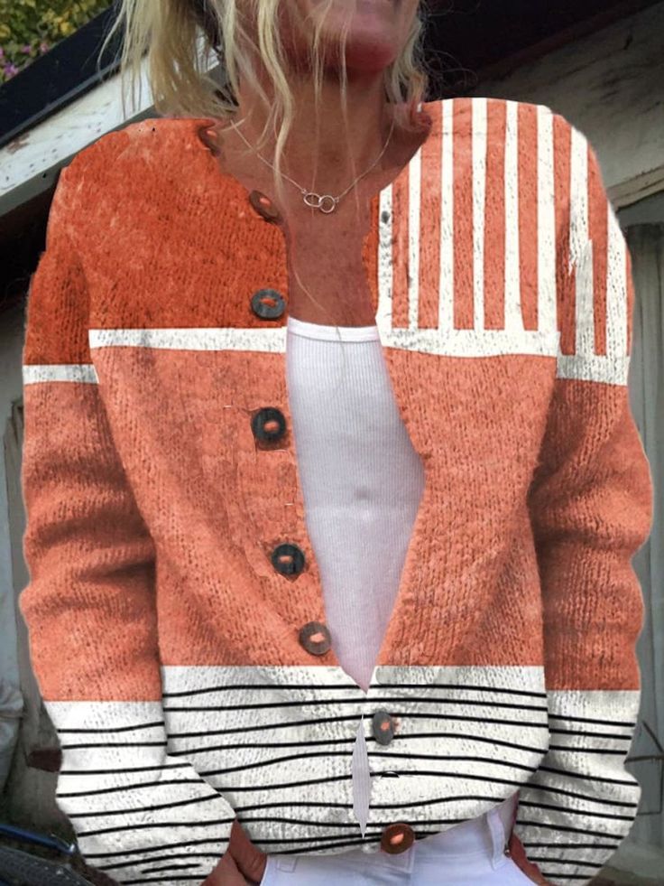 Shop Affordable Women Cardigans Spring/Fall Sweater Casual Sweater Striped Sweater Loose Daily Long Sleeve On Justfashionnow.com Spring Cats, Cats Pattern, Buttoned Cardigan, Christmas Sweaters For Women, Retro Abstract, Casual Cardigans, Knitted Coat, Hooded Cardigan, Button Cardigan