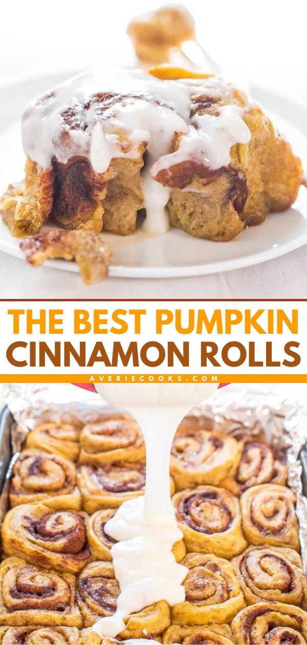 This sweet pumpkin recipe will become your new favorite morning breakfast! These are the BEST pumpkin cinnamon rolls. Everyone will love these homemade cinnamon rolls packed with pumpkin spice flavor and topped with a cream cheese glaze! Save this easy fall recipe! Macncheese Recipe, Beaux Desserts, Averie Cooks, Pumpkin Cinnamon Rolls, Cream Cheese Glaze, S'mores, Best Pumpkin, Pumpkin Dessert, Fall Baking