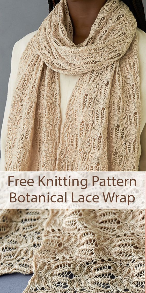 a knitted scarf with text that reads free knitting pattern botanical lace wrap