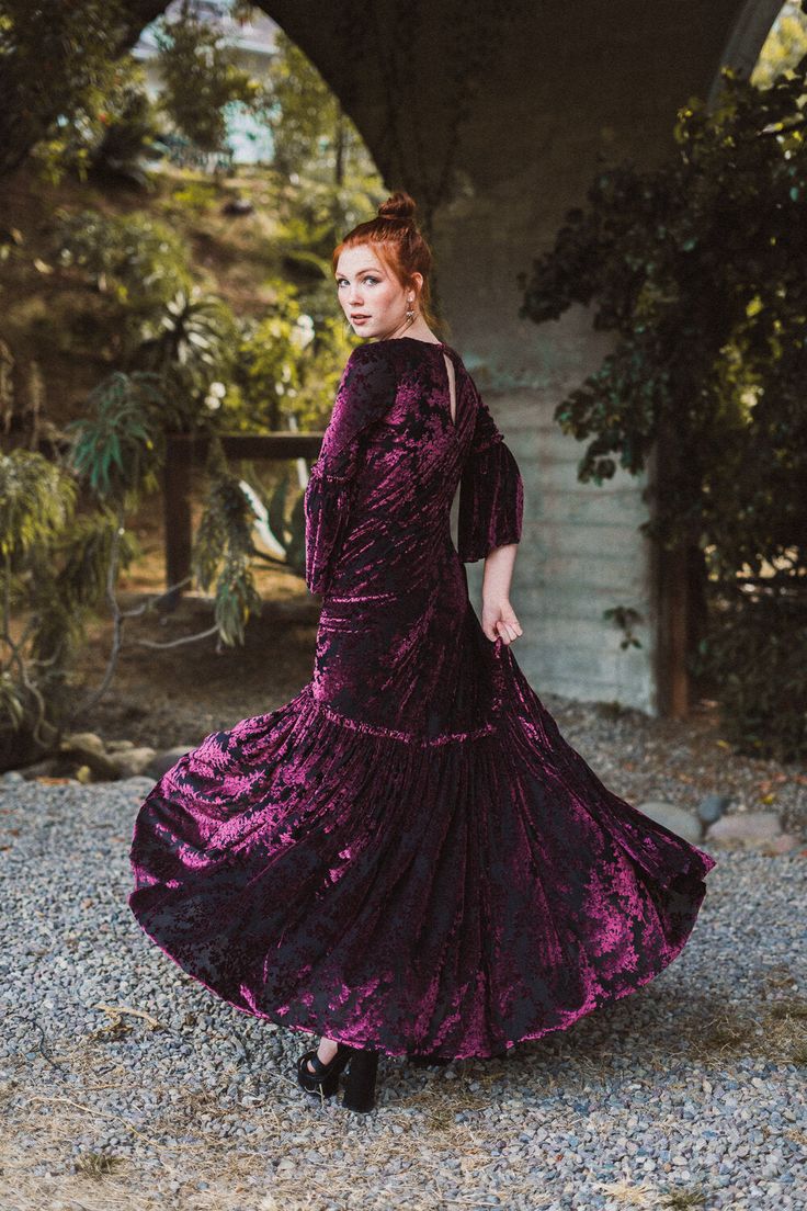 This luscious ruffled maxi dress features a hook & eye neck closure, pockets and a black jersey slip. Made from a gorgeous, lightweight burnout velvet and lots of love! *This item is currently in build, please allow 10-14 days prior to shipping. XS: 0-2, S: 4-6, M: 8-10, L: 12-14, XL: 16/18 Black Velvet Gown, Vintage Velvet Dress, Burnout Velvet Dress, Burnout Velvet, Black Jersey, Lilac Dress, Lots Of Love, Ruffled Maxi Dress, Goth Outfits