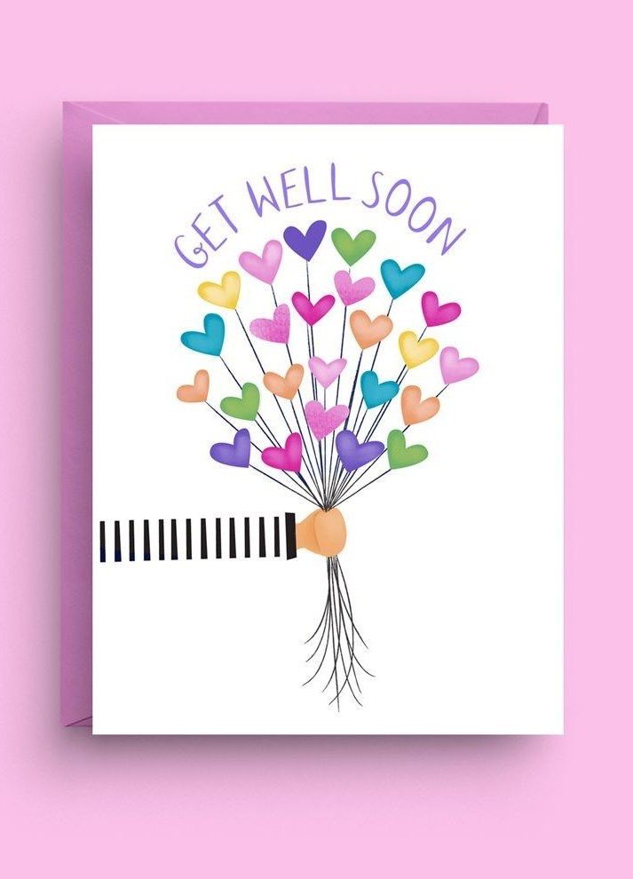 a card with hearts on it that says get well soon