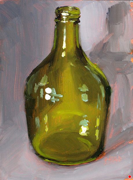 an oil painting of a green glass bottle