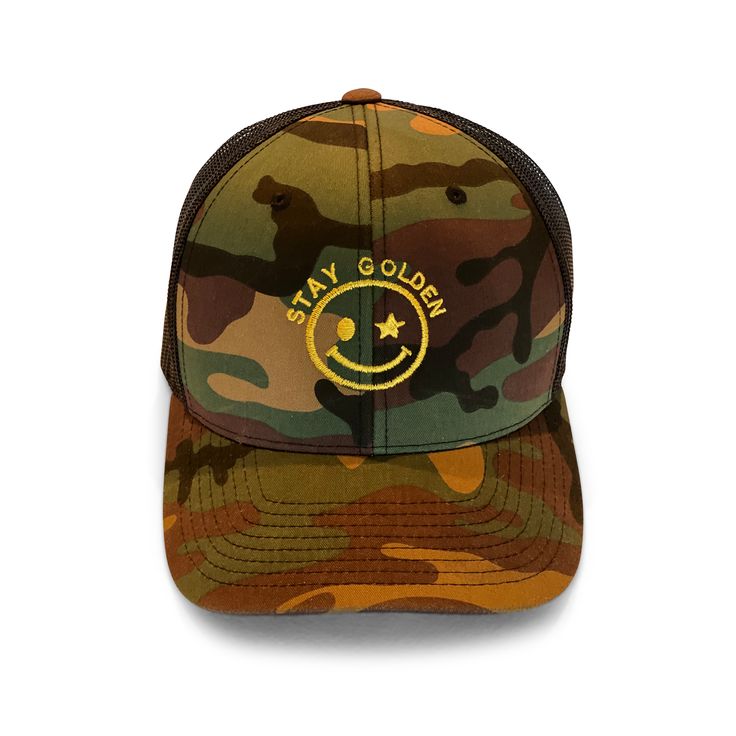 Stay Golden Camo Trucker Hat 6-panel trucker hat Snapback closure & adjustment. Gold embroidery. Camo Trucker Hat, Stay Golden, Hats Snapback, Gold Embroidery, Trucker Hat, Camo, Baseball Hats, Embroidery, Hats