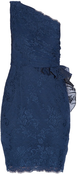 a women's blue lace dress with a bow at the waist